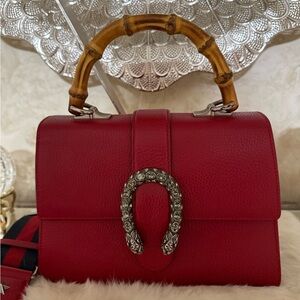 Gucci Red Leather Shoulder Bag with Bamboo Handle
